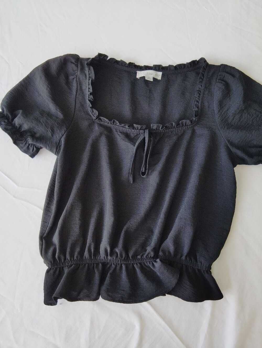 Timing Black Square-Neck Ruffle Tie Crop Top M Babydoll Y2k